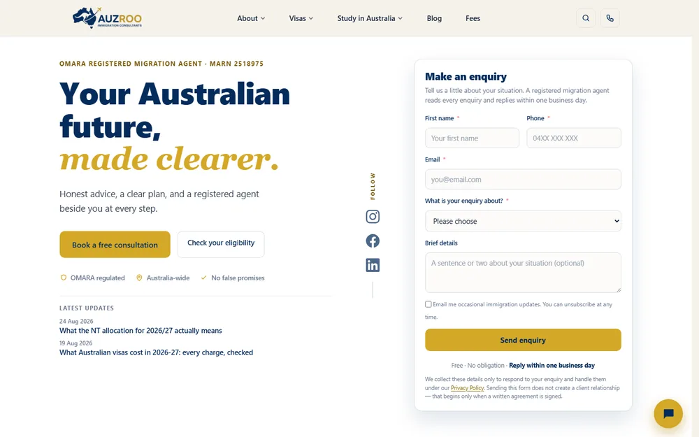 AuzRoo homepage helping migration clients understand their next step