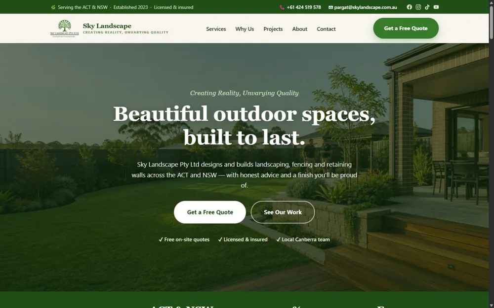 Sky Landscape homepage showing its Canberra landscape construction positioning